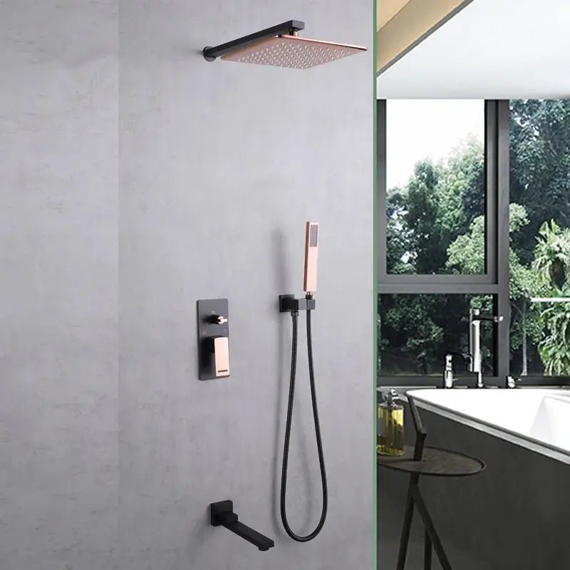 Rainfall Shower Mixer Combo – Matte Black & Rose Gold Finish - Concealed Dual Handles Rainfall Shower Head Combo SetBathroomLux