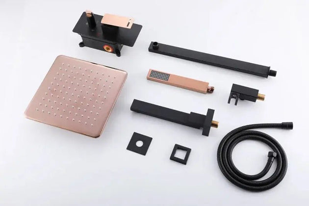 Rainfall Shower Mixer Combo – Matte Black & Rose Gold Finish - Concealed Dual Handles Rainfall Shower Head Combo SetBathroomLux