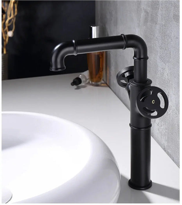 Retro Black Water Mixer Bathroom Faucet Hot and Cold Dual Handles Tall - Retro Bathroom FaucetBathroomLux