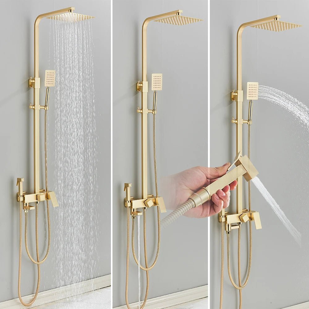 Rose Brushed Gold Shower Set Wall Mounted Brass 4 - Ways Bathroom Shower Faucets - BathroomLux