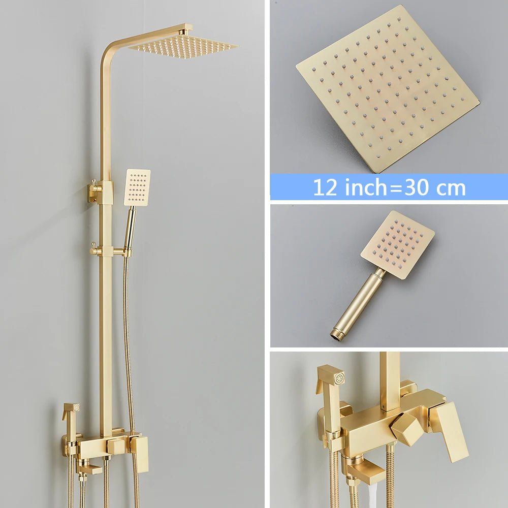 Rose Brushed Gold Shower Set Wall Mounted Brass 4 - Ways Bathroom Shower Faucets - BathroomLux