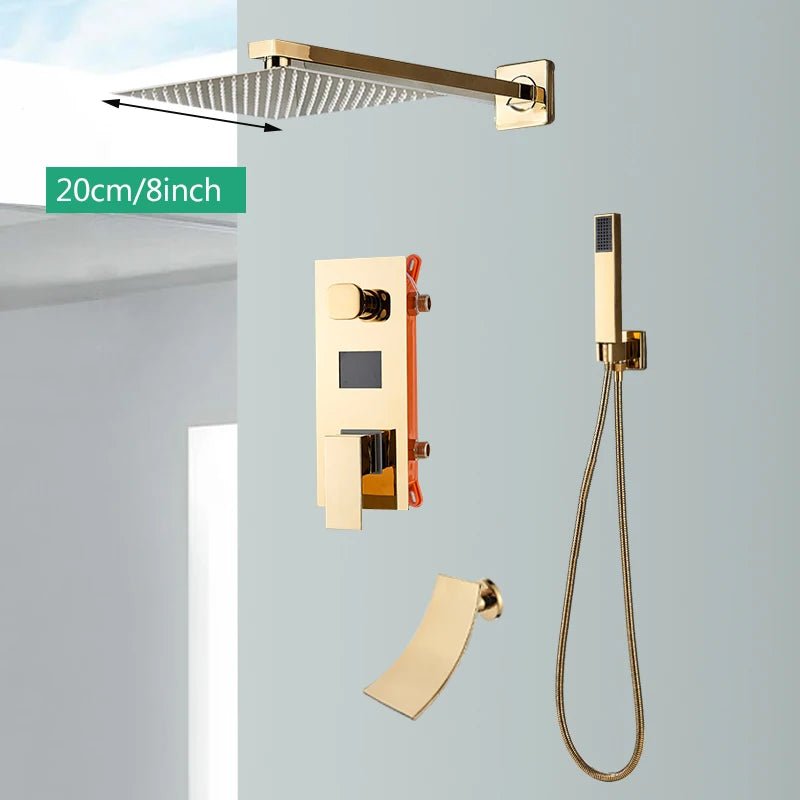 Rose Gold Shower Faucet Digital Display  Wall Mounted Concealed Box Mixer Tap with Tub Spout - BathroomLux