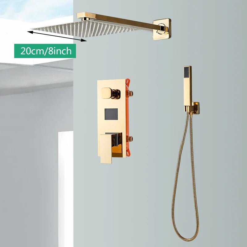 Rose Gold Shower Faucet Digital Display Wall Mounted Concealed Box Mixer Tap with Tub Spout - BathroomLux