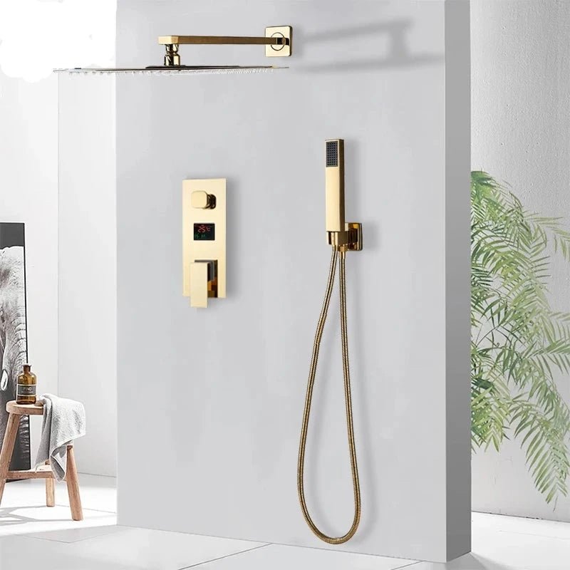 Rose Gold Shower Faucet Digital Display Wall Mounted Concealed Box Mixer Tap with Tub Spout - BathroomLux