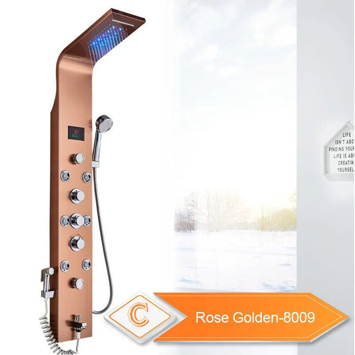 Rose LED Light Shower Panel - Waterfall Rain System with Spa Massage and Bidet - bathroom, showers, thermostaticBathroomLux