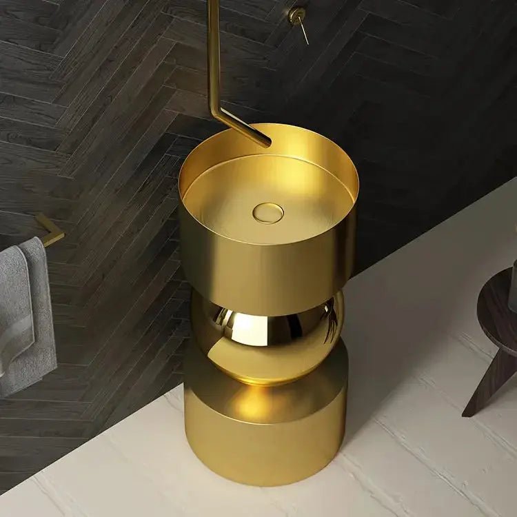 Round Freestanding Stainless Steel Bathroom Sink – Modern Designer Basin - Designer BasinBathroomLux