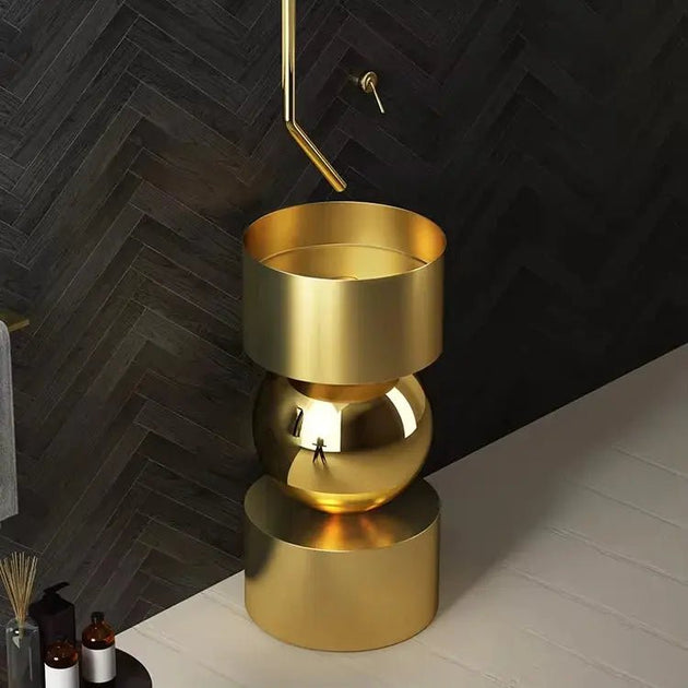 Round Freestanding Stainless Steel Bathroom Sink – Modern Designer Basin - Designer BasinBathroomLux