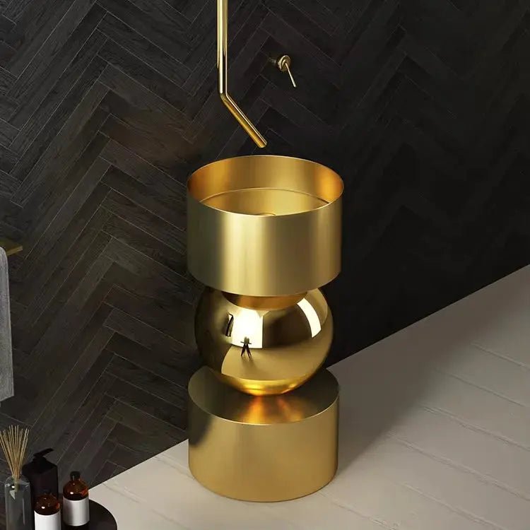 Round Freestanding Stainless Steel Bathroom Sink – Modern Designer Basin - Designer BasinBathroomLux