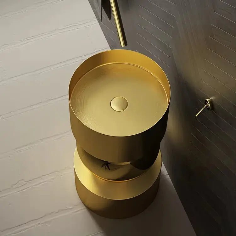 Round Freestanding Stainless Steel Bathroom Sink – Modern Designer Basin - Designer BasinBathroomLux