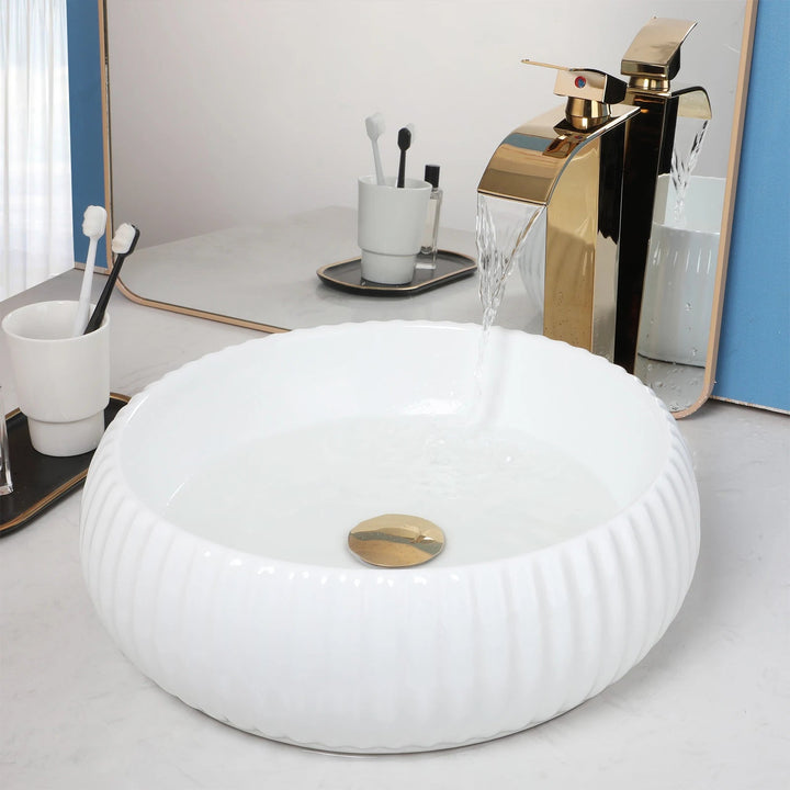 Round White Ceramic Vessel Sink with Faucet and Drain Combo Set - Bathroom Wash basinBathroomLux