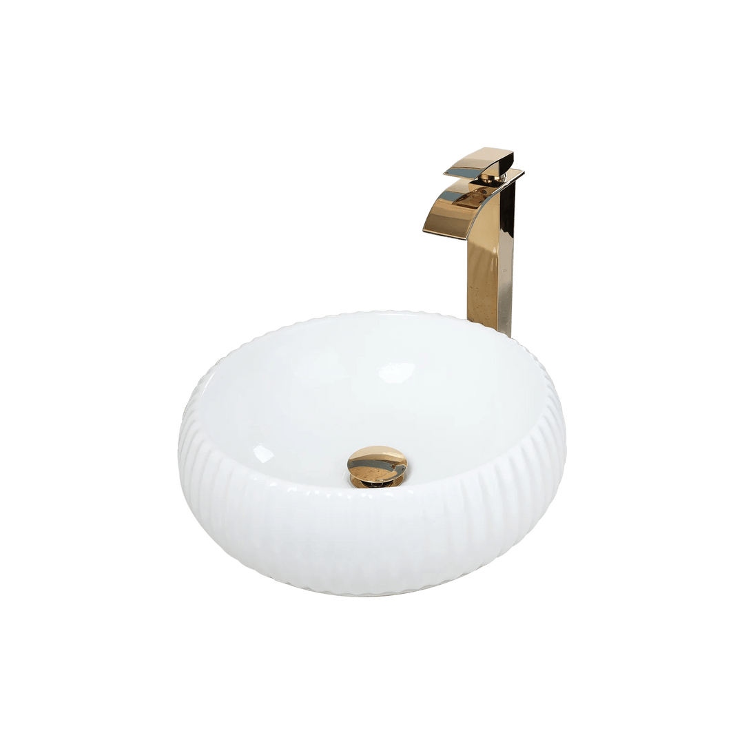 Round White Ceramic Vessel Sink with Faucet and Drain Combo Set - Bathroom Wash basinBathroomLux