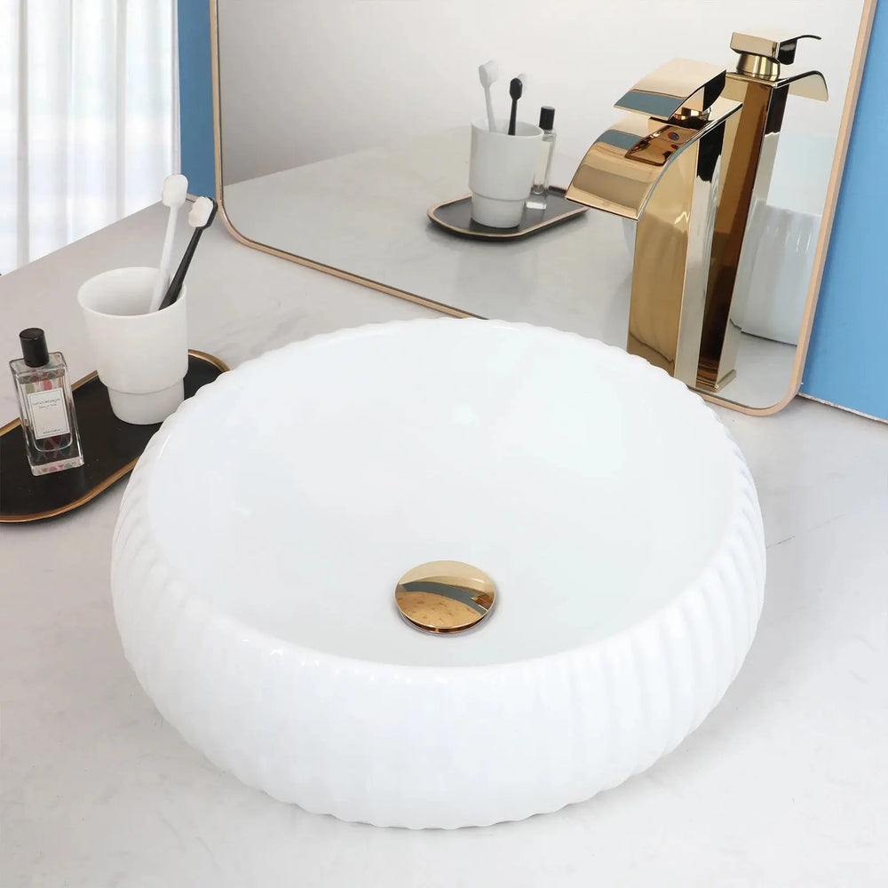 Round White Ceramic Vessel Sink with Faucet and Drain Combo Set - Bathroom Wash basinBathroomLux