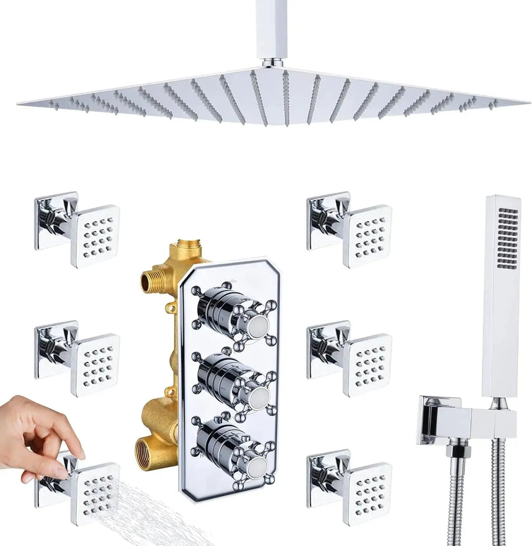 Thermostatic Rainfall Shower System with Body Jets – Clawfoot Shower Faucet Combo Set - Thermostatic Rainfall Shower SystemBathroomLux