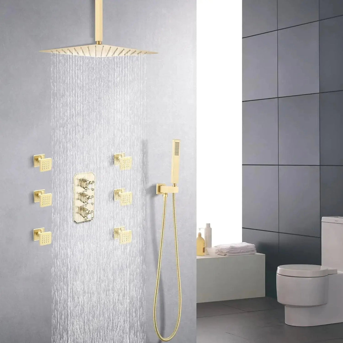 Thermostatic Rainfall Shower System with Body Jets – Clawfoot Shower Faucet Combo Set - Thermostatic Rainfall Shower SystemBathroomLux