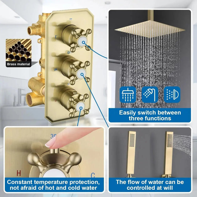 Thermostatic Rainfall Shower System with Body Jets – Clawfoot Shower Faucet Combo Set - Thermostatic Rainfall Shower SystemBathroomLux