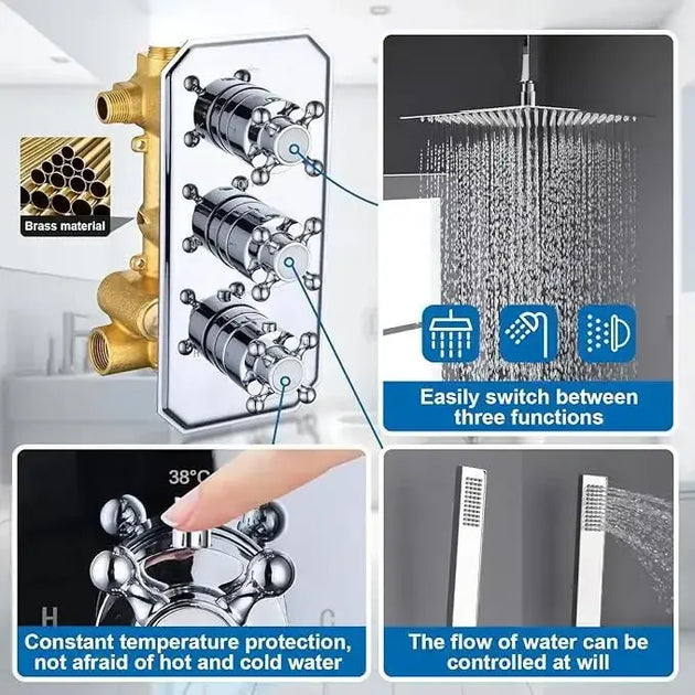 Thermostatic Rainfall Shower System with Body Jets – Clawfoot Shower Faucet Combo Set - Thermostatic Rainfall Shower SystemBathroomLux