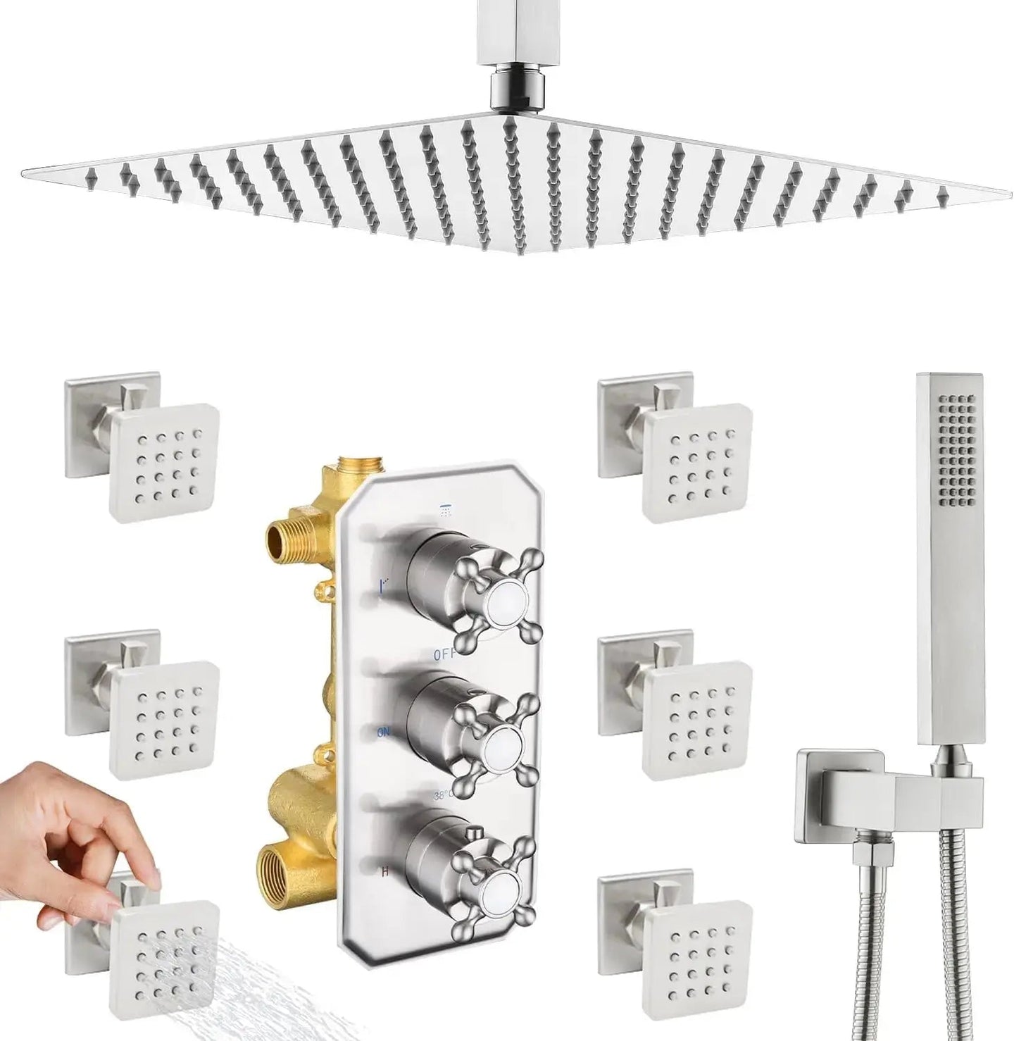 Thermostatic Rainfall Shower System with Body Jets – Clawfoot Shower Faucet Combo Set - Thermostatic Rainfall Shower SystemBathroomLux