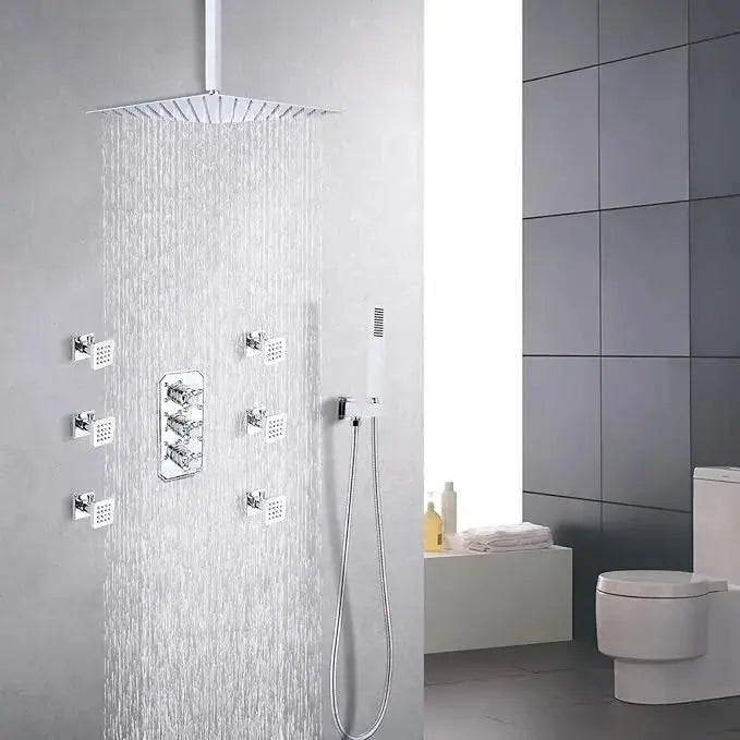 Thermostatic Rainfall Shower System with Body Jets – Clawfoot Shower Faucet Combo Set - Thermostatic Rainfall Shower SystemBathroomLux