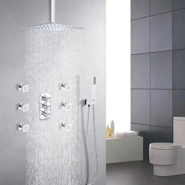 Thermostatic Rainfall Shower System with Body Jets – Clawfoot Shower Faucet Combo Set - Thermostatic Rainfall Shower SystemBathroomLux
