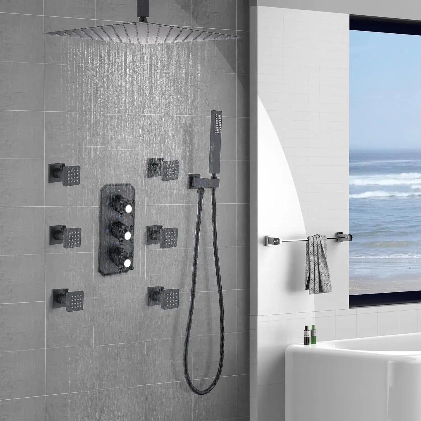 Thermostatic Rainfall Shower System with Body Jets – Clawfoot Shower Faucet Combo Set - Thermostatic Rainfall Shower SystemBathroomLux