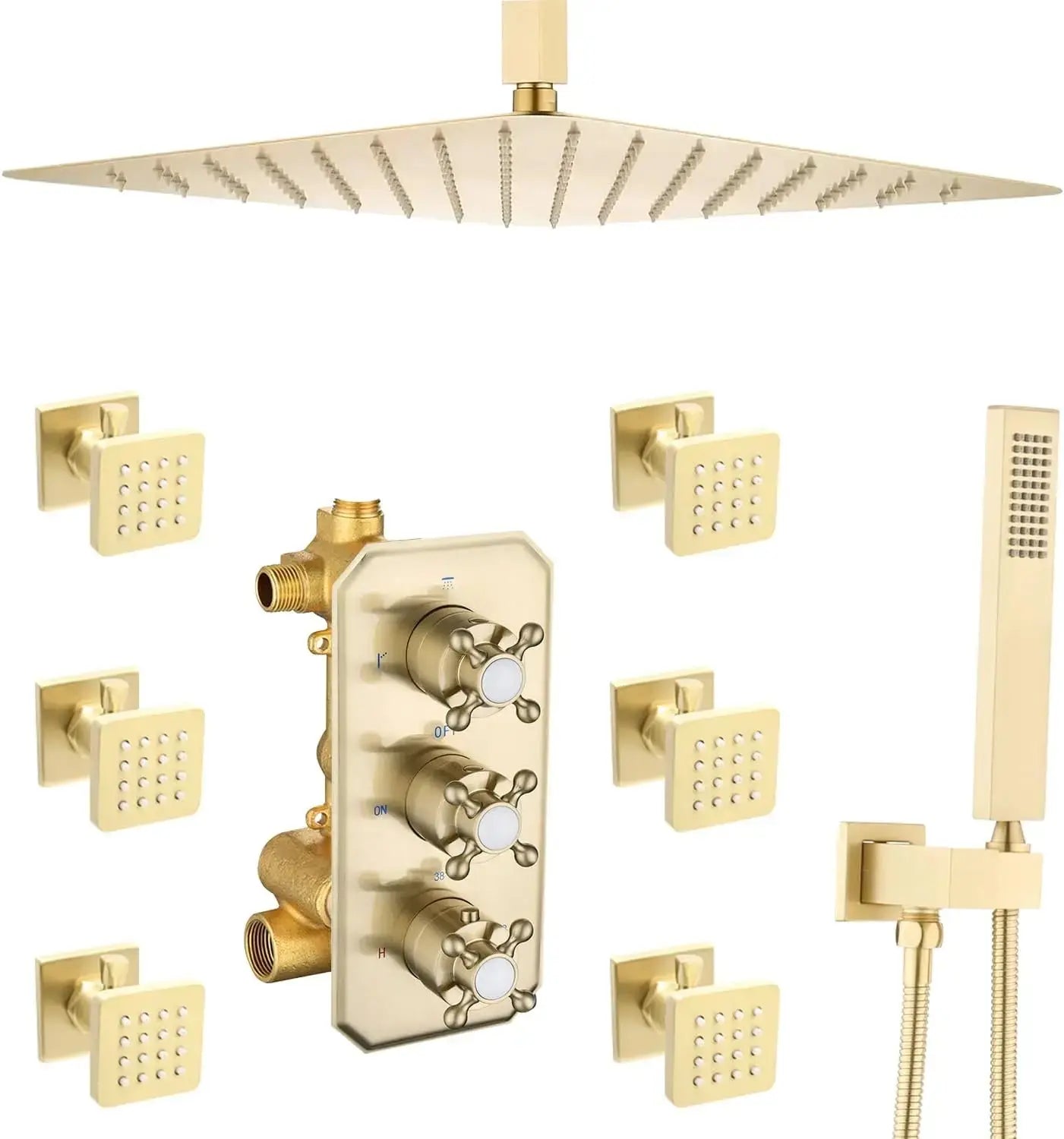 Thermostatic Rainfall Shower System with Body Jets – Clawfoot Shower Faucet Combo Set - Thermostatic Rainfall Shower SystemBathroomLux