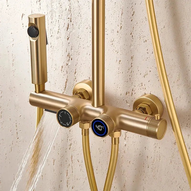 Thermostatic Shower Mixer Set in Brushed Gold – 4 - Function Luxury Brass Shower System - Thermostatic Rainfall Shower SystemBathroomLux
