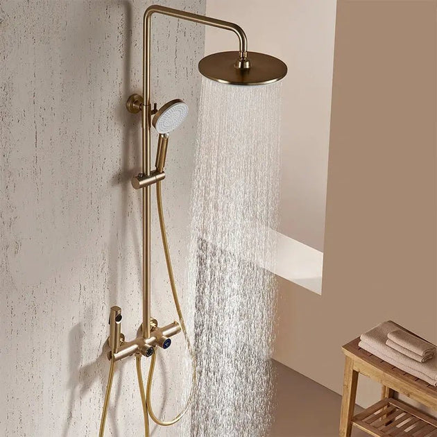 Thermostatic Shower Mixer Set in Brushed Gold – 4 - Function Luxury Brass Shower System - Thermostatic Rainfall Shower SystemBathroomLux