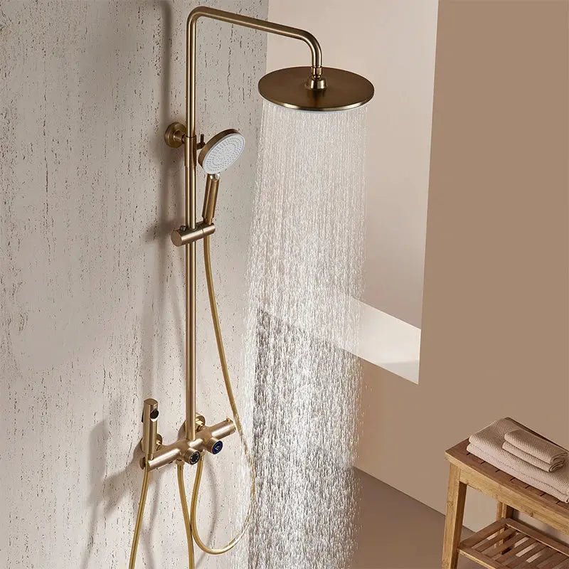 Thermostatic Shower Mixer Set in Brushed Gold – 4 - Function Luxury Brass Shower System - Thermostatic Rainfall Shower SystemBathroomLux