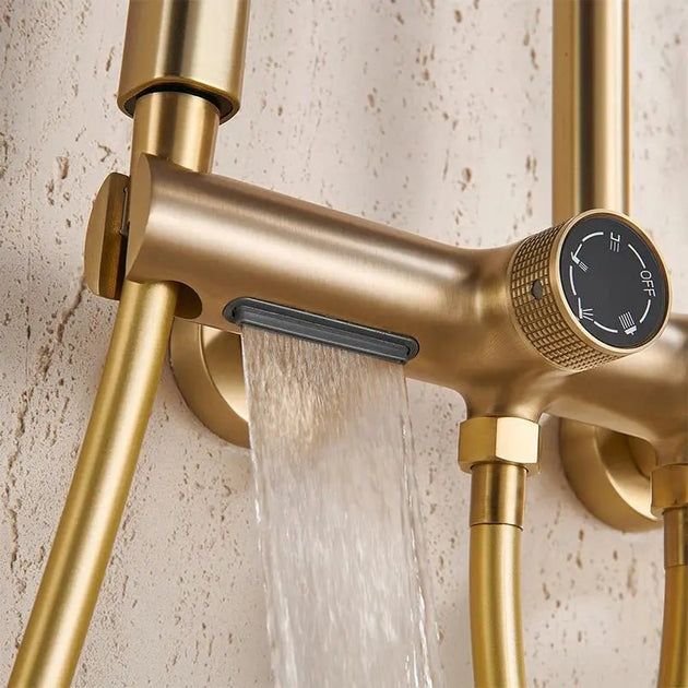 Thermostatic Shower Mixer Set in Brushed Gold – 4 - Function Luxury Brass Shower System - Thermostatic Rainfall Shower SystemBathroomLux