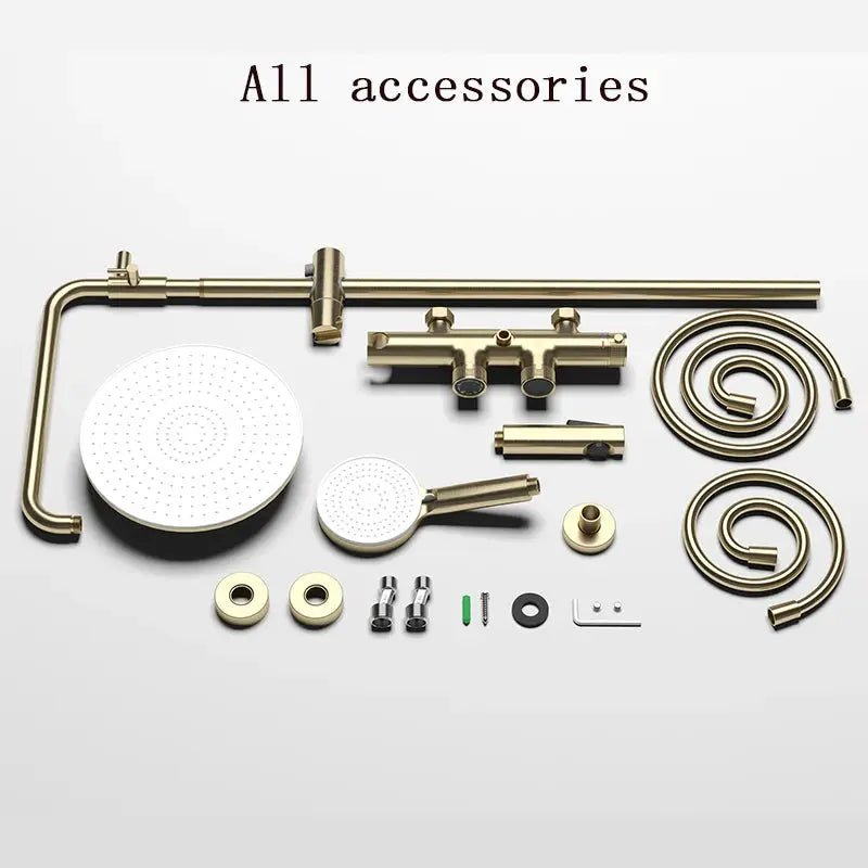 Thermostatic Shower Mixer Set in Brushed Gold – 4 - Function Luxury Brass Shower System - Thermostatic Rainfall Shower SystemBathroomLux