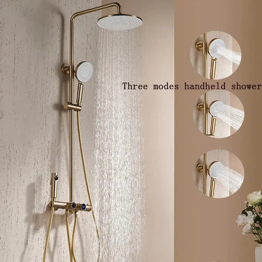 Thermostatic Shower Mixer Set in Brushed Gold – 4 - Function Luxury Brass Shower System - Thermostatic Rainfall Shower SystemBathroomLux