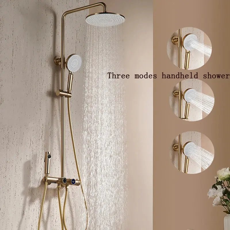 Thermostatic Shower Mixer Set in Brushed Gold – 4 - Function Luxury Brass Shower System - Thermostatic Rainfall Shower SystemBathroomLux