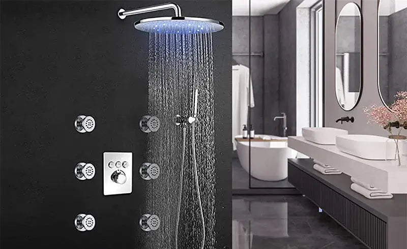 Wall - Mounted 3 - Way LED Rainfall Shower System – Modern Bathroom Shower Set - Rainfall Shower with DiverterBathroomLux