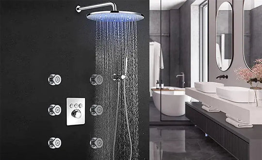 Wall - Mounted 3 - Way LED Rainfall Shower System – Modern Bathroom Shower Set - Rainfall Shower with DiverterBathroomLux