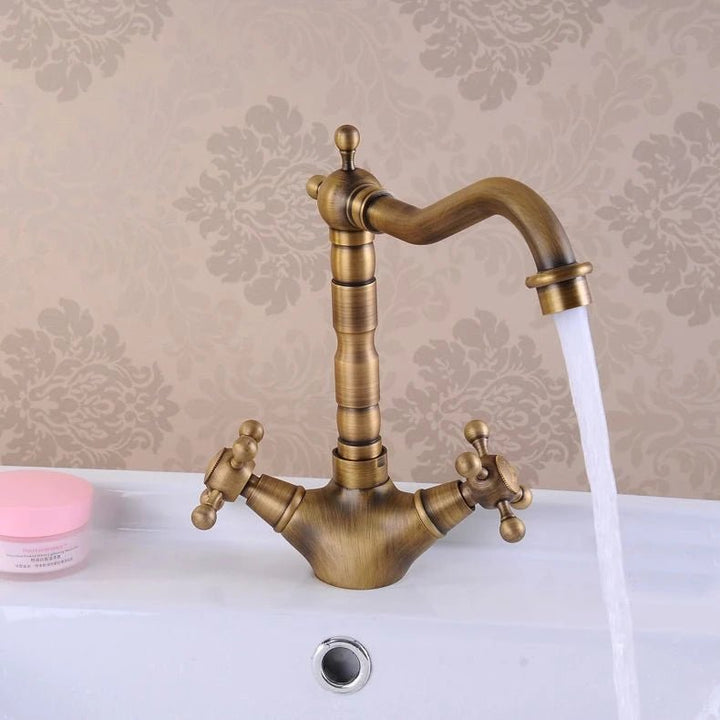 Antique Brass Bathroom Sink Faucet, 360 Degree Swivel Spout Double Cross Handle Bath-BathroomLux