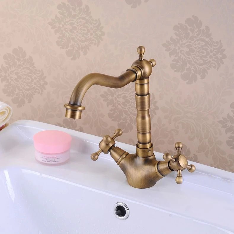 Antique Brass Bathroom Sink Faucet, 360 Degree Swivel Spout Double Cross Handle Bath-BathroomLux