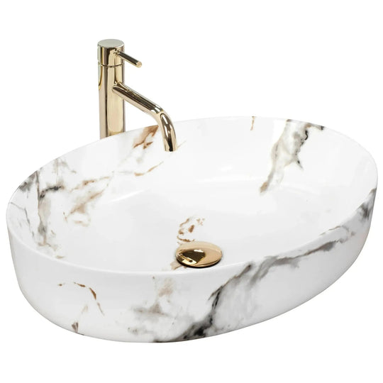 White Marble Effect Ceramic Basin – Stylish Bathroom Countertop Sink - bathroom ceramic washbasinBathroomLux