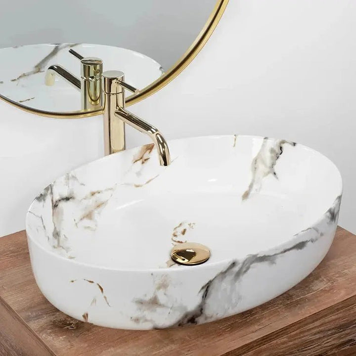 White Marble Effect Ceramic Basin – Stylish Bathroom Countertop Sink - bathroom ceramic washbasinBathroomLux