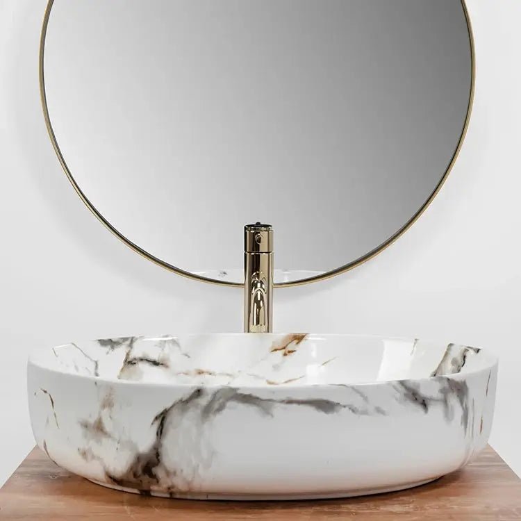 White Marble Effect Ceramic Basin – Stylish Bathroom Countertop Sink - bathroom ceramic washbasinBathroomLux