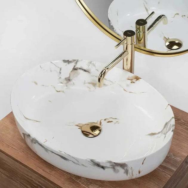 White Marble Effect Ceramic Basin – Stylish Bathroom Countertop Sink - bathroom ceramic washbasinBathroomLux