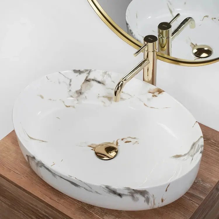 White Marble Effect Ceramic Basin – Stylish Bathroom Countertop Sink - bathroom ceramic washbasinBathroomLux